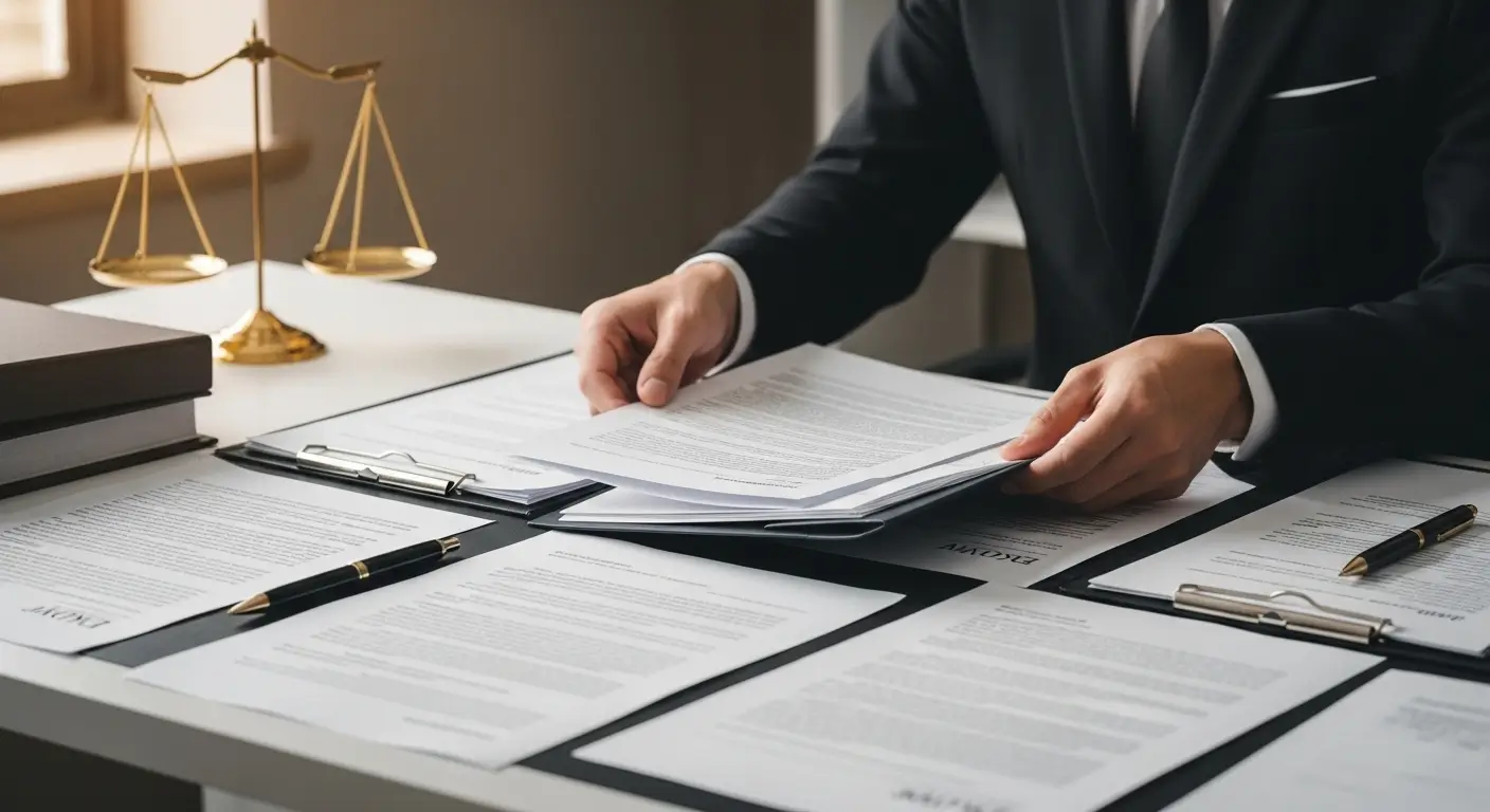 A lawyer in a suit reviews legal documents at a desk with scales of justice, pens, and files, symbolizing professional legal work and case preparation.