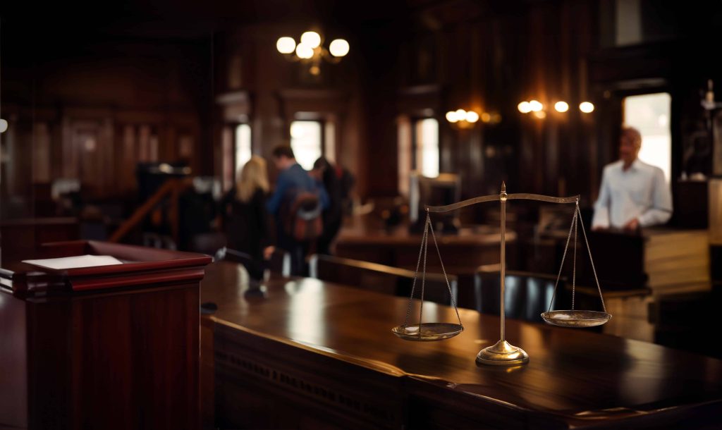 Scales of justice on a wooden desk inside a courtroom with people in the background.