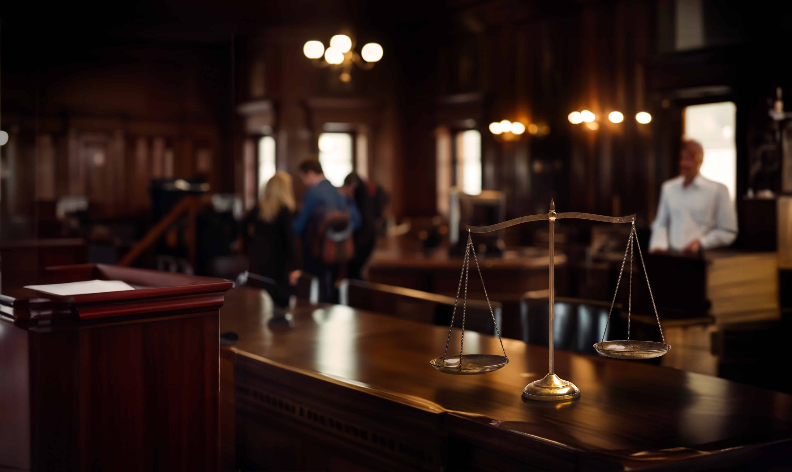 Scales of justice on a wooden desk inside a courtroom with people in the background. Scales of justice on a wooden desk inside a courtroom with people in the background.
