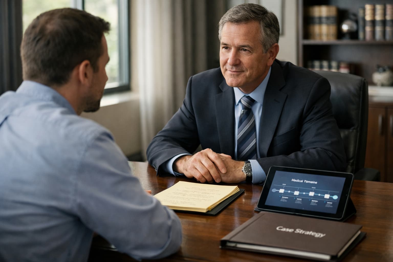 Client meeting with a personal injury lawyer in a modern law office reviewing medical records and discussing legal strategy after an accident.