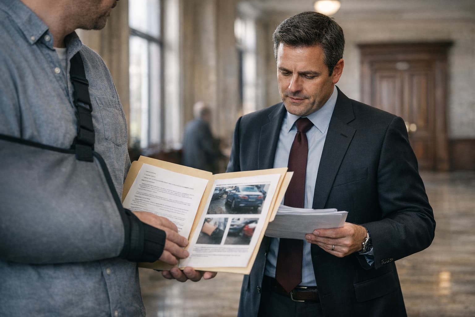 Injured client walking with personal injury attorney in courthouse hallway while holding medical records and accident documentation related to a compensation claim.