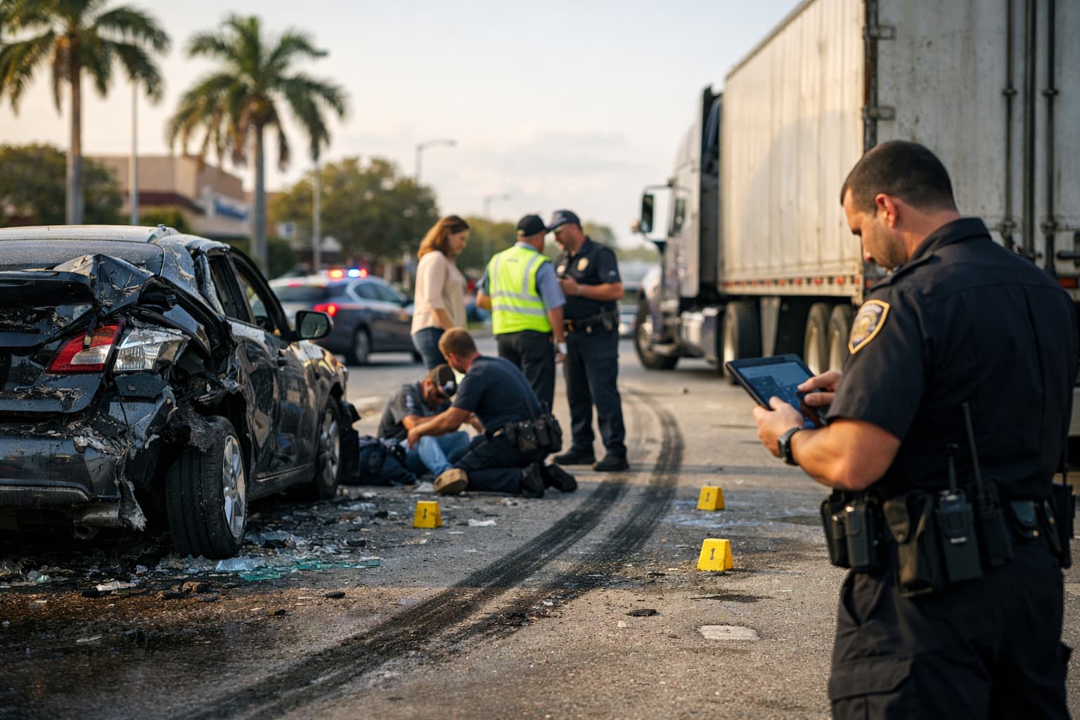 Police officers documenting a serious truck accident in Florida involving a damaged passenger car and semi-truck, with an injured driver receiving medical assistance at the crash scene.