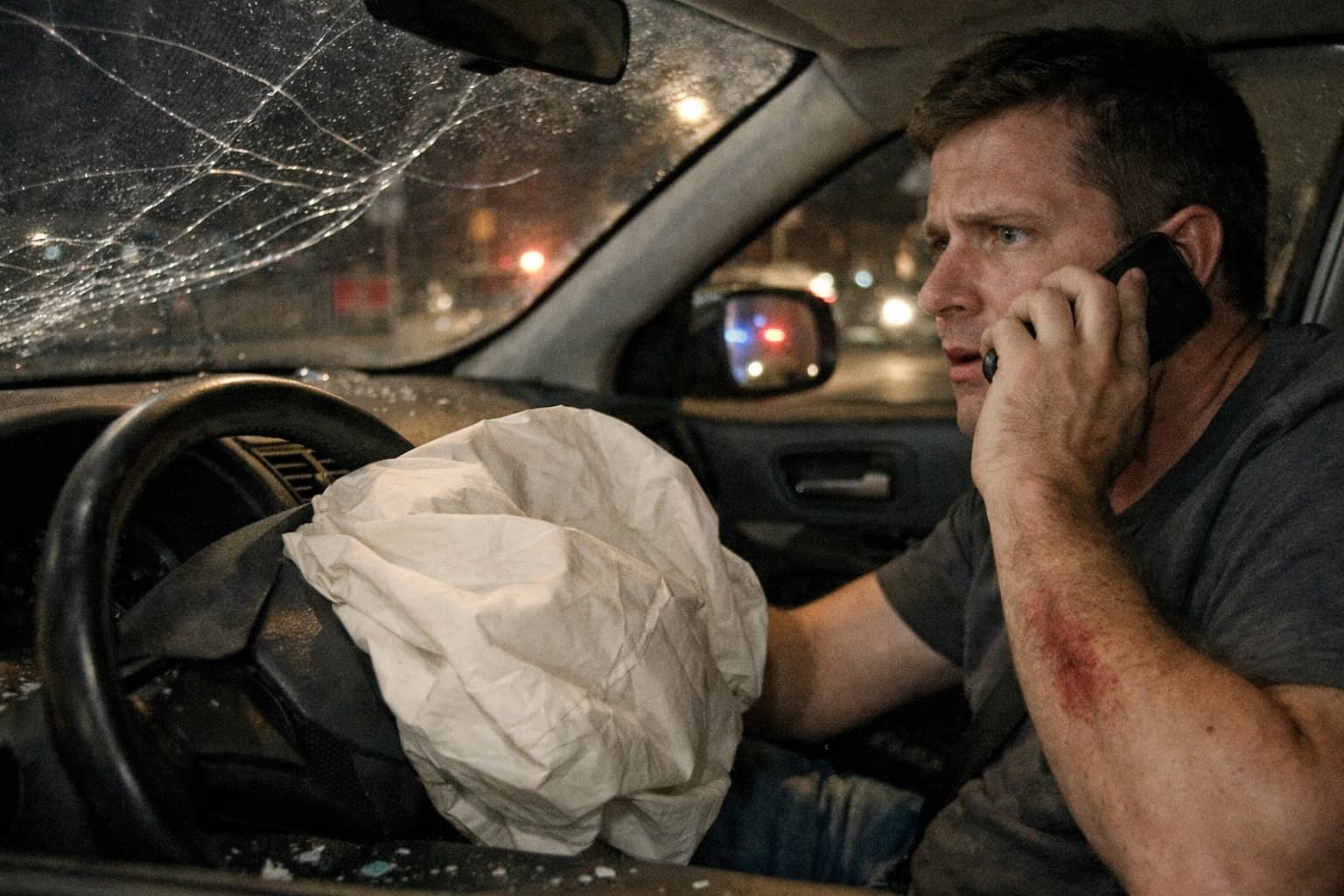 Injured driver with deployed airbag and cracked windshield calling 911 after a nighttime car accident.