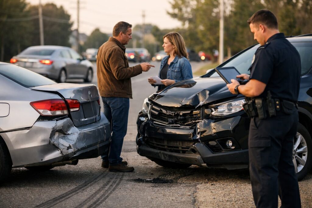 Rear-end car collision scene showing two damaged vehicles pulled to the roadside while police document the accident and drivers exchange information about liability.