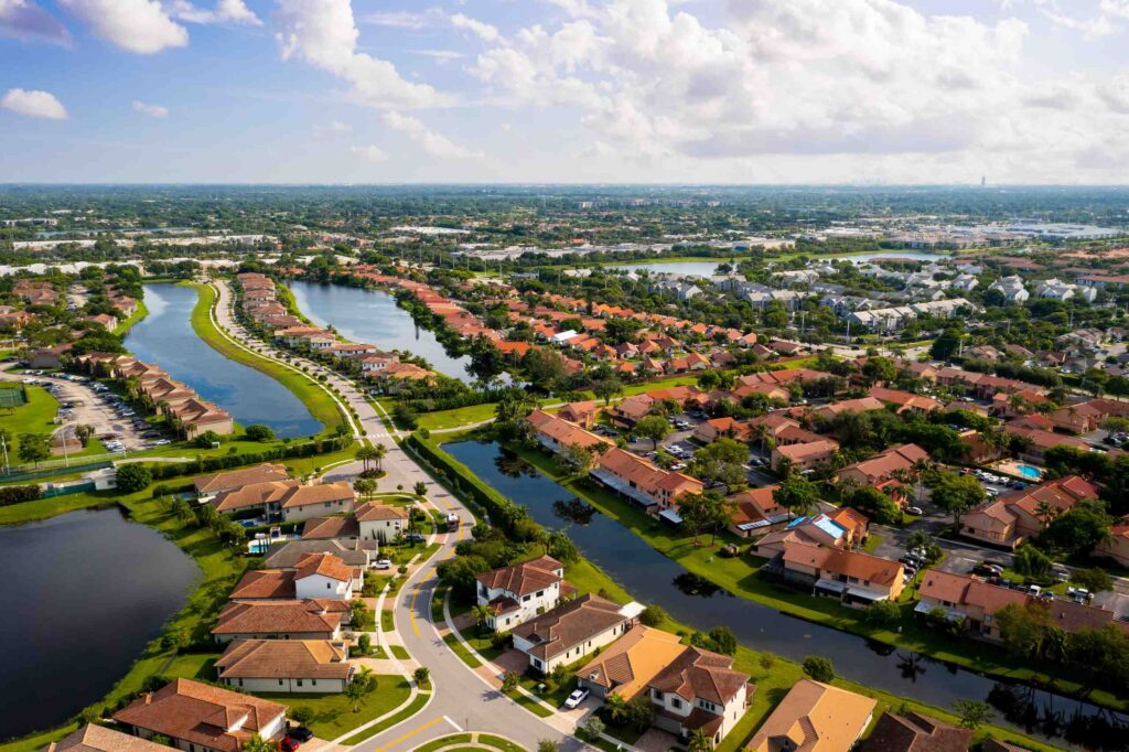 An aerial view of Pembroke Pines residential neighborhoods served by Pembroke Pines Slip-and-Fall Accident Lawyers.